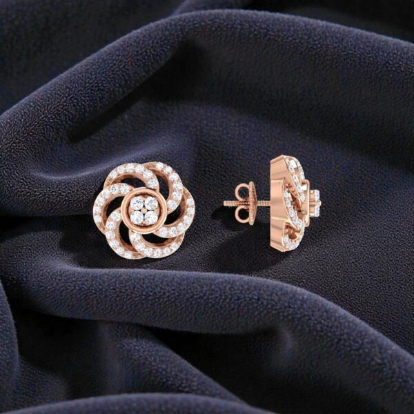 Pave 1.01 Cts F/VS1 Round Brilliant Diamonds Swirl Floral Stud Earrings 14K Gold