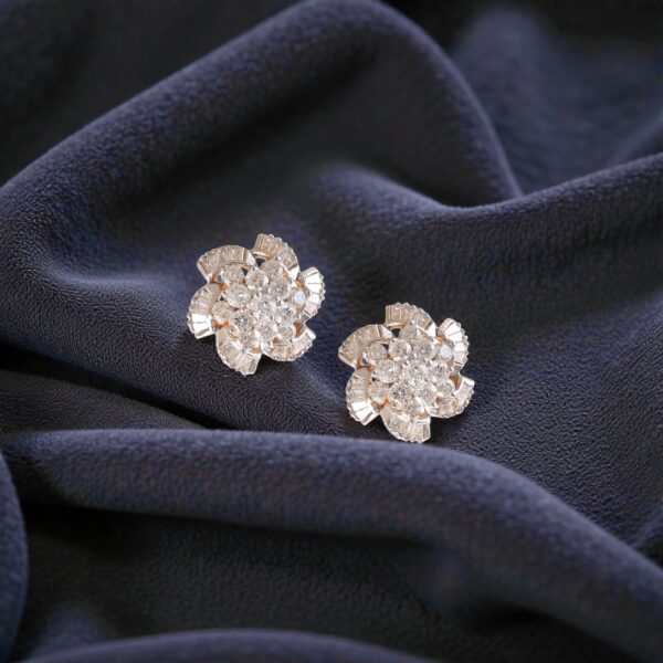 Pave 1.40 Cts Round Baguette Shape F/VS1 Diamonds Stud Earrings 14K Yellow Gold