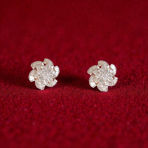 Pave 1.40 Cts Round Baguette Shape F/VS1 Diamonds Stud Earrings 14K Yellow Gold