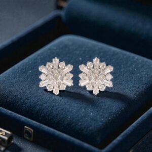 E-160 (5) Pave 1.50 Cts Round Baguette Cut F/VS1 Diamonds Snowflake Stud Earrings 14K Gold