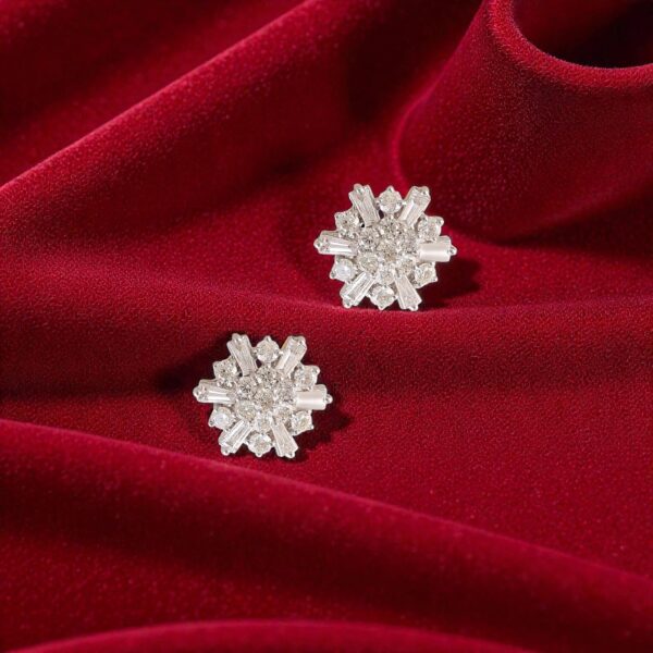 Pave 1.50 Cts Round Baguette Cut F/VS1 Diamonds Snowflake Stud Earrings 14K Gold