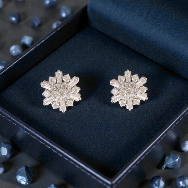 Pave 1.50 Cts Round Baguette Cut F/VS1 Diamonds Snowflake Stud Earrings 14K Gold