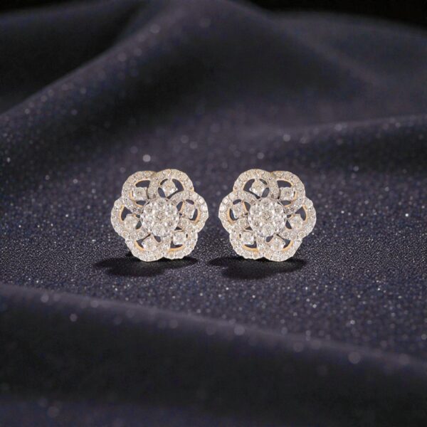 Pavé 1.22 Ct Round Brilliant F/VS1 Diamonds Floral Stud Earrings 14K Yellow Gold