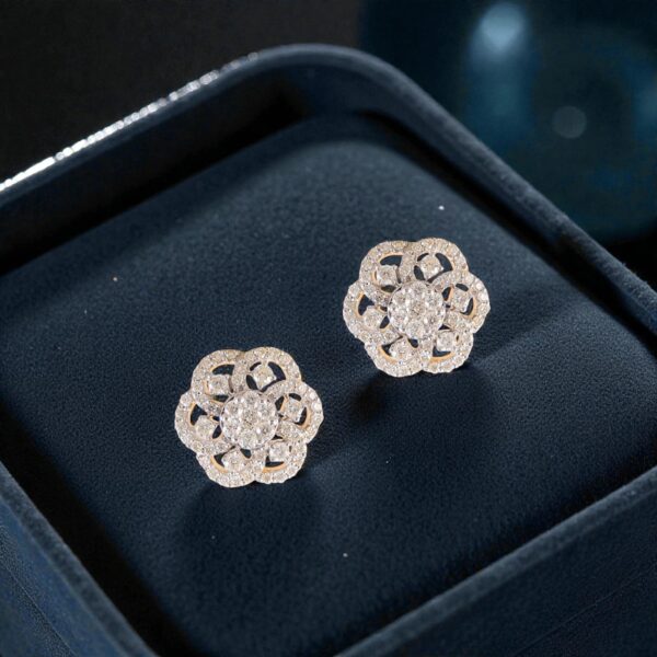 Pavé 1.22 Ct Round Brilliant F/VS1 Diamonds Floral Stud Earrings 14K Yellow Gold