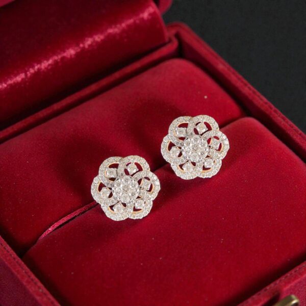 Pavé 1.22 Ct Round Brilliant F/VS1 Diamonds Floral Stud Earrings 14K Yellow Gold
