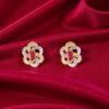 Pave 3.40 Cts Round Baguette F/VS1 Diamonds Ruby Stud Earrings 14K Yellow Gold