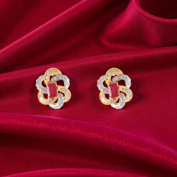Pave 3.40 Cts Round Baguette F/VS1 Diamonds Ruby Stud Earrings 14K Yellow Gold