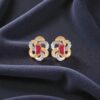 Pave 3.40 Cts Round Baguette F/VS1 Diamonds Ruby Stud Earrings 14K Yellow Gold
