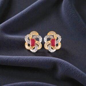 Pave 3.40 Cts Round Baguette F/VS1 Diamonds Ruby Stud Earrings 14K Yellow Gold