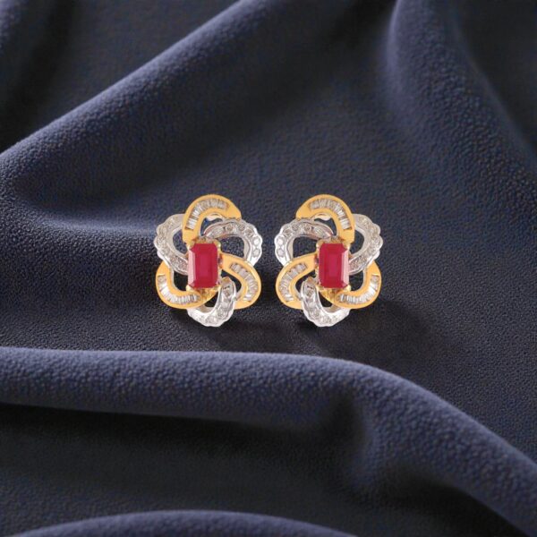 Pave 3.40 Cts Round Baguette F/VS1 Diamonds Ruby Stud Earrings 14K Yellow Gold