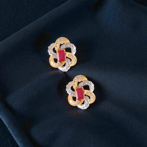 Pave 3.40 Cts Round Baguette F/VS1 Diamonds Ruby Stud Earrings 14K Yellow Gold