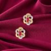 Pave 3.40 Cts Round Baguette F/VS1 Diamonds Ruby Stud Earrings 14K Yellow Gold