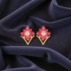 2.45 Cts Round Brilliant Cut F/VS1 Diamonds Ruby Stud Earrings 14K Yellow Gold