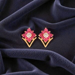 2.45 Cts Round Brilliant Cut F/VS1 Diamonds Ruby Stud Earrings 14K Yellow Gold