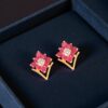 2.45 Cts Round Brilliant Cut F/VS1 Diamonds Ruby Stud Earrings 14K Yellow Gold