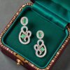 E-170 (8) Pave 2.67 Cts Round Brilliant F/VS1 Diamonds Emerald Dangle Earrings In 14K Gold