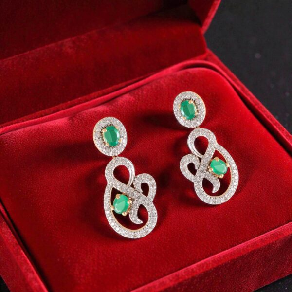 E-170 (9) Pave 2.67 Cts Round Brilliant F/VS1 Diamonds Emerald Dangle Earrings In 14K Gold