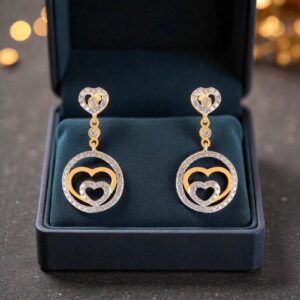 0.92 Cts Round Brilliant F/VS1 Diamonds Double Heart Dangle Earrings In 14K Gold