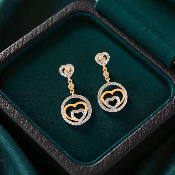 0.92 Cts Round Brilliant F/VS1 Diamonds Double Heart Dangle Earrings In 14K Gold
