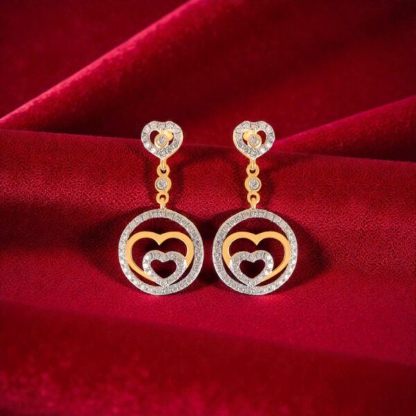 0.92 Cts Round Brilliant F/VS1 Diamonds Double Heart Dangle Earrings In 14K Gold