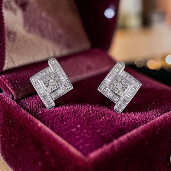 E-179 (9) Pave 1.72 Cts Round Baguette Shape F/VS1 Natural Diamonds Stud Earrings 14K Gold