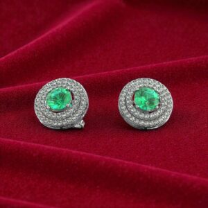 4.70 Cts Round Brilliant F/VS1 Diamonds Emerald Dual Halo Stud Earrings 14K Gold
