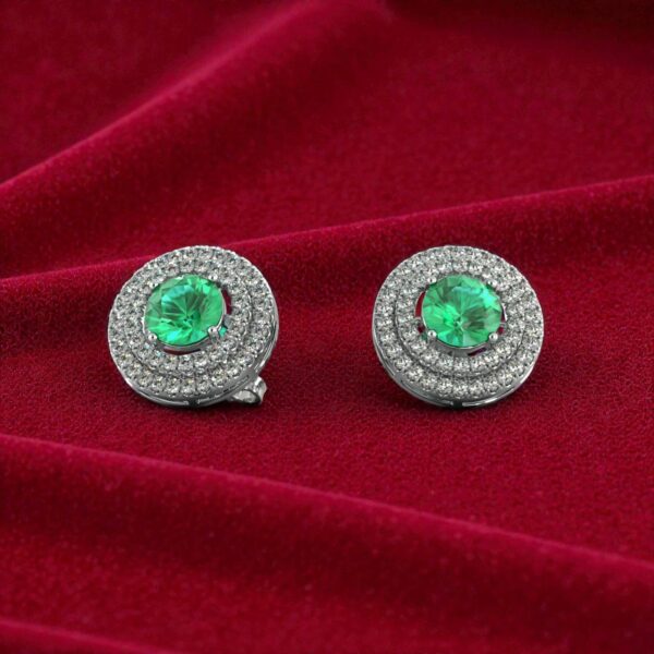 4.70 Cts Round Brilliant F/VS1 Diamonds Emerald Dual Halo Stud Earrings 14K Gold