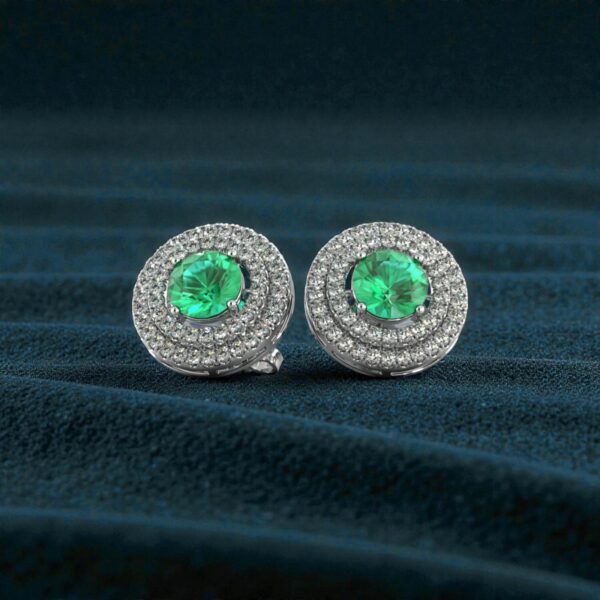 4.70 Cts Round Brilliant F/VS1 Diamonds Emerald Dual Halo Stud Earrings 14K Gold