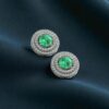 4.70 Cts Round Brilliant F/VS1 Diamonds Emerald Dual Halo Stud Earrings 14K Gold