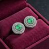 4.70 Cts Round Brilliant F/VS1 Diamonds Emerald Dual Halo Stud Earrings 14K Gold