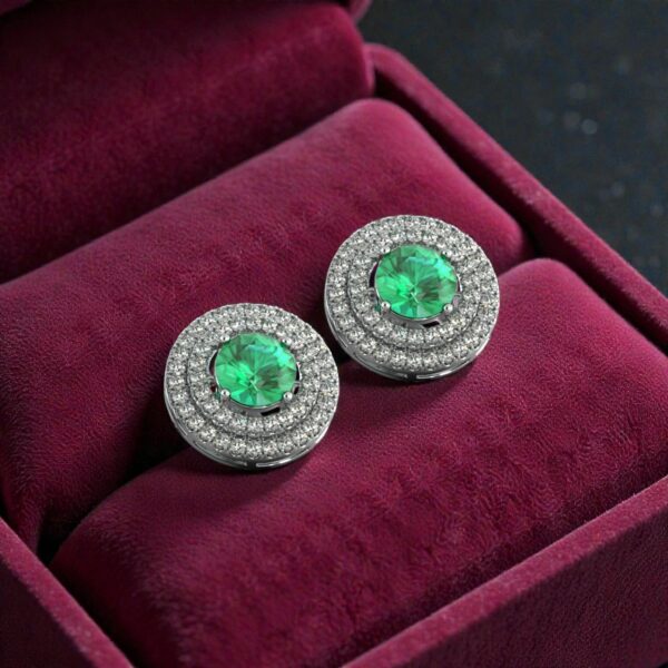 4.70 Cts Round Brilliant F/VS1 Diamonds Emerald Dual Halo Stud Earrings 14K Gold