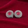 Pave 5 Cts Round Brilliant F/VS1 Diamonds Ruby Dual Halo Stud Earrings 14K Gold