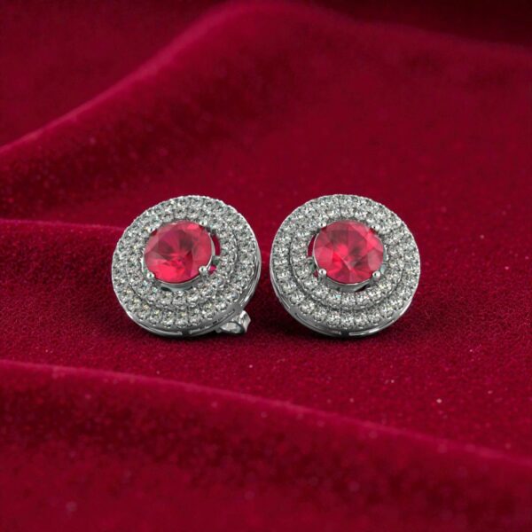 Pave 5 Cts Round Brilliant F/VS1 Diamonds Ruby Dual Halo Stud Earrings 14K Gold