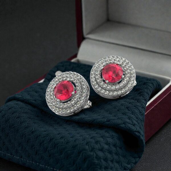 Pave 5 Cts Round Brilliant F/VS1 Diamonds Ruby Dual Halo Stud Earrings 14K Gold