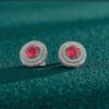 Pave 5 Cts Round Brilliant F/VS1 Diamonds Ruby Dual Halo Stud Earrings 14K Gold