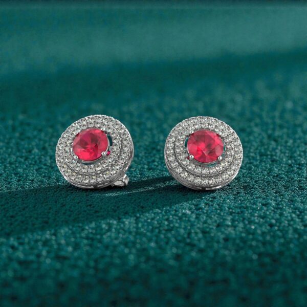 Pave 5 Cts Round Brilliant F/VS1 Diamonds Ruby Dual Halo Stud Earrings 14K Gold