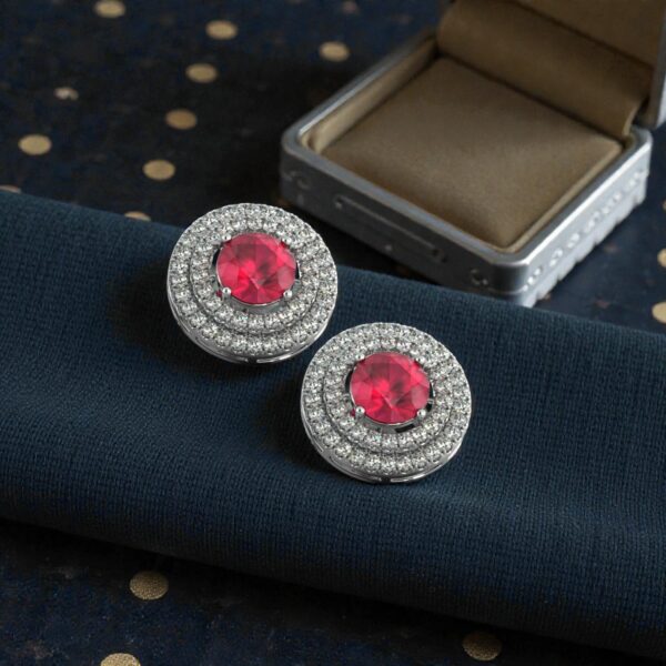 Pave 5 Cts Round Brilliant F/VS1 Diamonds Ruby Dual Halo Stud Earrings 14K Gold