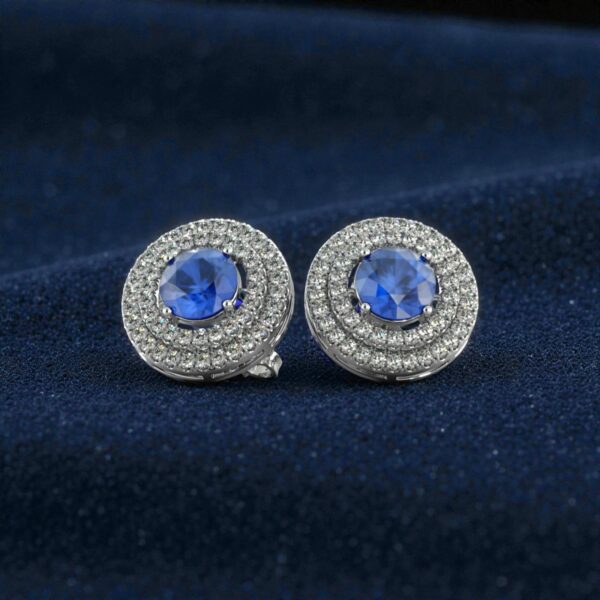 Pave 5.30 ct Round Brilliant F/VS1 Diamonds Blue Sapphire Stud Earrings 14K Gold