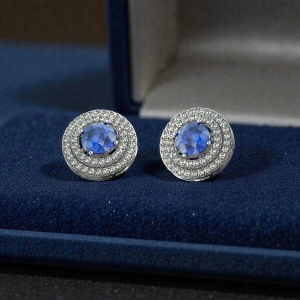 Pave 5.30 ct Round Brilliant F/VS1 Diamonds Blue Sapphire Stud Earrings 14K Gold