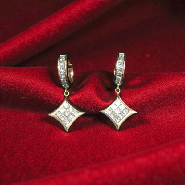 E-192 (11) Pave 2.18 Cts Princess Cut F/VS1 Diamonds Invisible-Set Dangle Earrings 14K Gold
