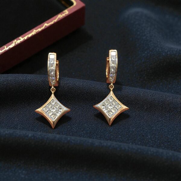 E-192 (12) Pave 2.18 Cts Princess Cut F/VS1 Diamonds Invisible-Set Dangle Earrings 14K Gold