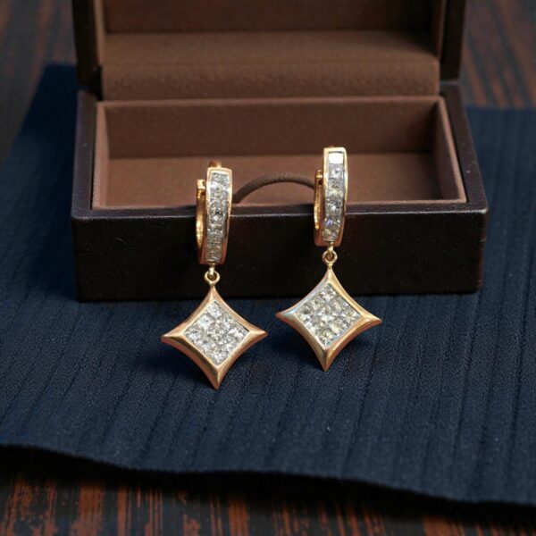 E-192 (13) Pave 2.18 Cts Princess Cut F/VS1 Diamonds Invisible-Set Dangle Earrings 14K Gold