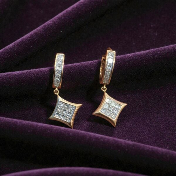 E-192 (17) Pave 2.18 Cts Princess Cut F/VS1 Diamonds Invisible-Set Dangle Earrings 14K Gold