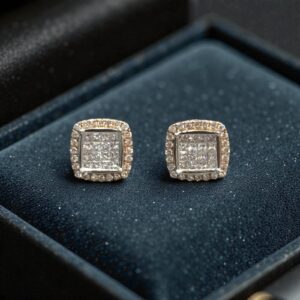E-194 (14) Pave 1.55 Cts Princess Round Shape F/VS1 Diamonds Stud Earrings In 14K Rose Gold