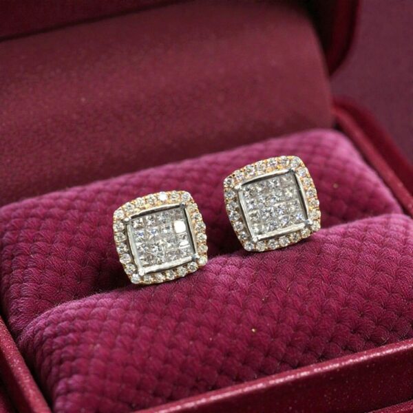 Pave 1.55 Cts Princess Round Shape F/VS1 Diamonds Stud Earrings In 14K Rose Gold