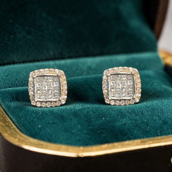 Pave 1.55 Cts Princess Round Shape F/VS1 Diamonds Stud Earrings In 14K Rose Gold