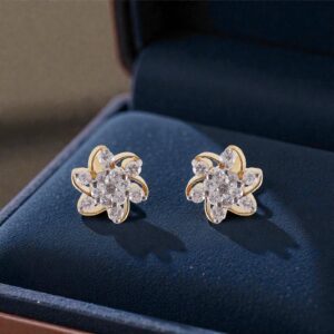 Pave 0.96 Carats Round Brilliant F/VS1 Diamonds Stud Earrings In 14K Yellow Gold