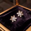 Pave 1.12 Ct Round Brilliant F/VS1 Diamonds Floral Stud Earrings 14K Yellow Gold