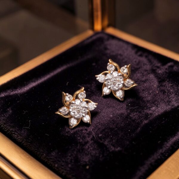 Pave 1.12 Ct Round Brilliant F/VS1 Diamonds Floral Stud Earrings 14K Yellow Gold