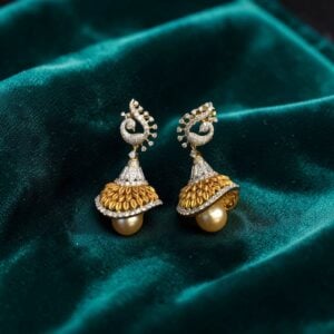E-220 (9) Stunning 21.73 Cts Round Brilliant F/VS1 Diamonds Pearl Jhumki Earrings 14K Gold